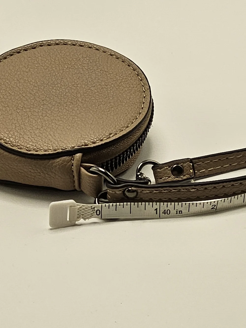 Round Taupe Leather Wristlet Coin Case